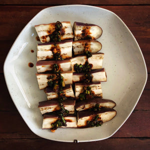 korean recipe steamed eggplant with soy dipping sauce infrared-roasted sesame oil infrared-roasted sesame seeds ganjang korean soy sauce